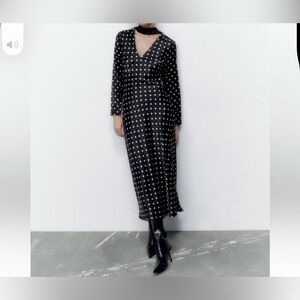 Zara black and white polka dot like satin midi dress.